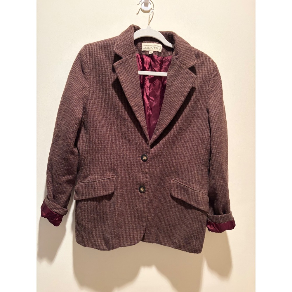 Jones New York Country Wool Blazer Burgundy Brown Tweed Jacket Womens 16 Vintage